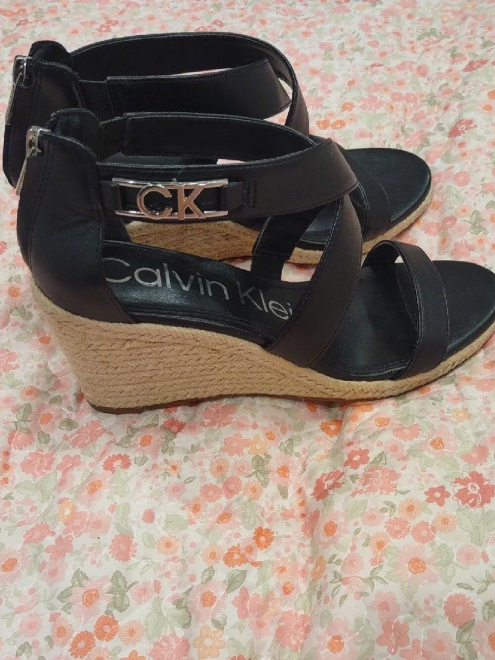 Calvin Klein Black Crisscross Wedge Sandals with Espadrille Heel